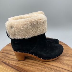 UGG Boots Womens Size 9 Black Leather Sheepskin Heels Foldover Casual Shoes
